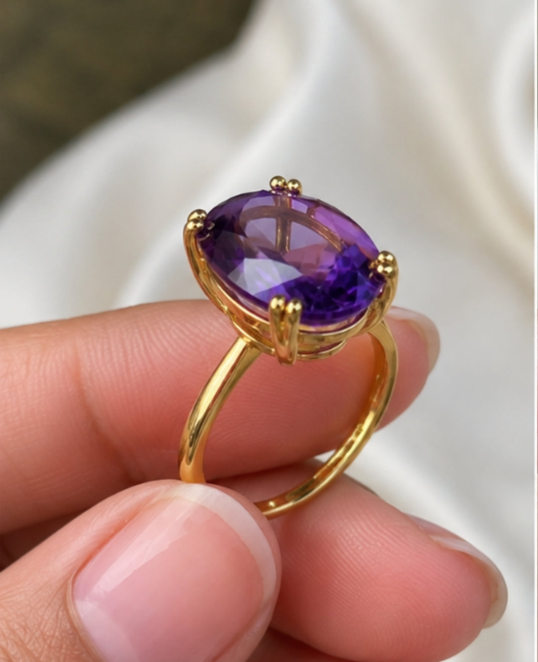 18K Yellow Gold Natural Brazilian Amethyst Ring | 9×11 mm Oval Faceted Amethyst | Loupe Clean Gemstone | Fine Gold Engagement & Statement Ring