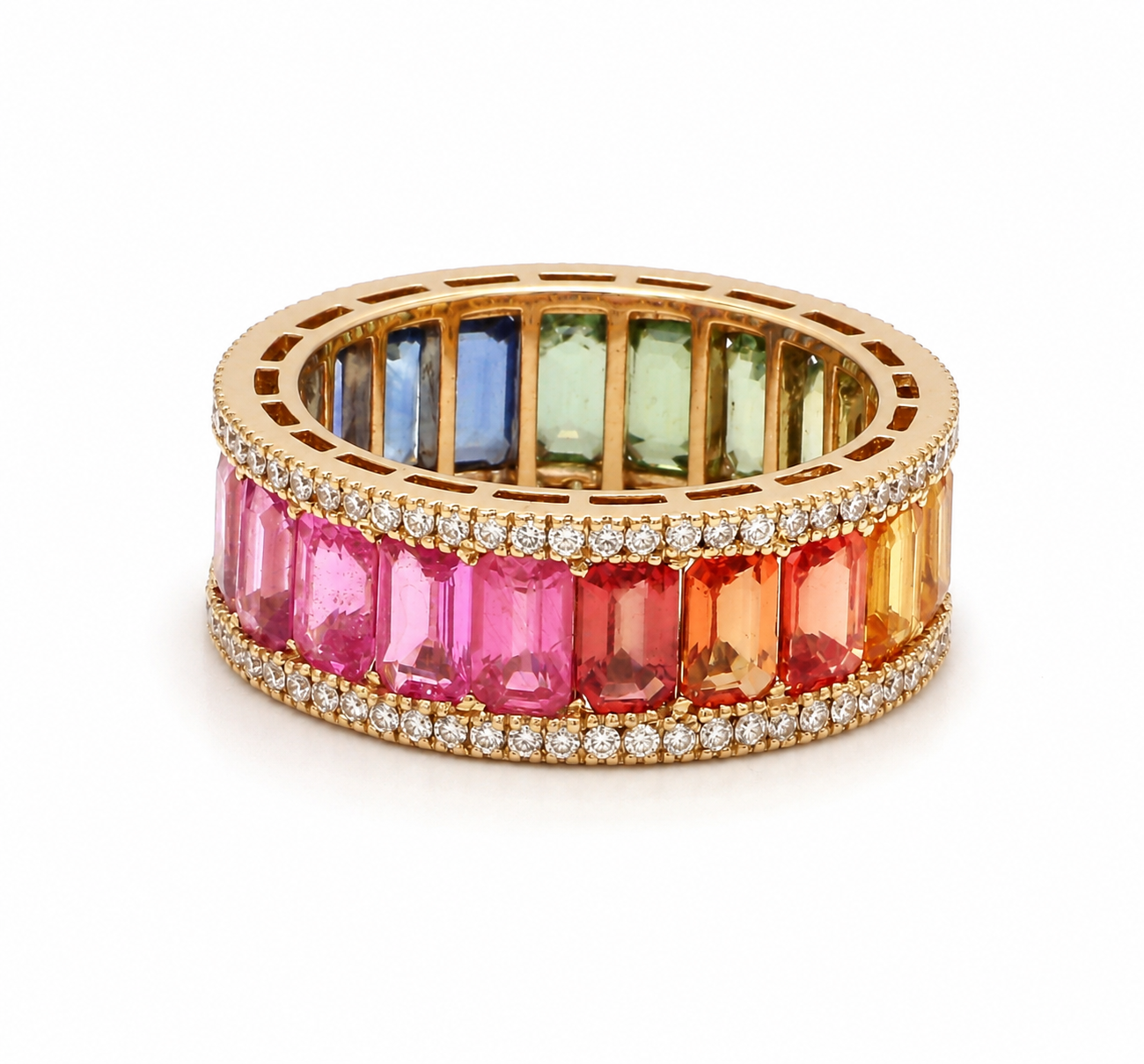 Rainbow Multi Sapphire Eternity Band Ring – Natural Gemstone & Diamond Ring in 9K, 14K & 18K Yellow Gold