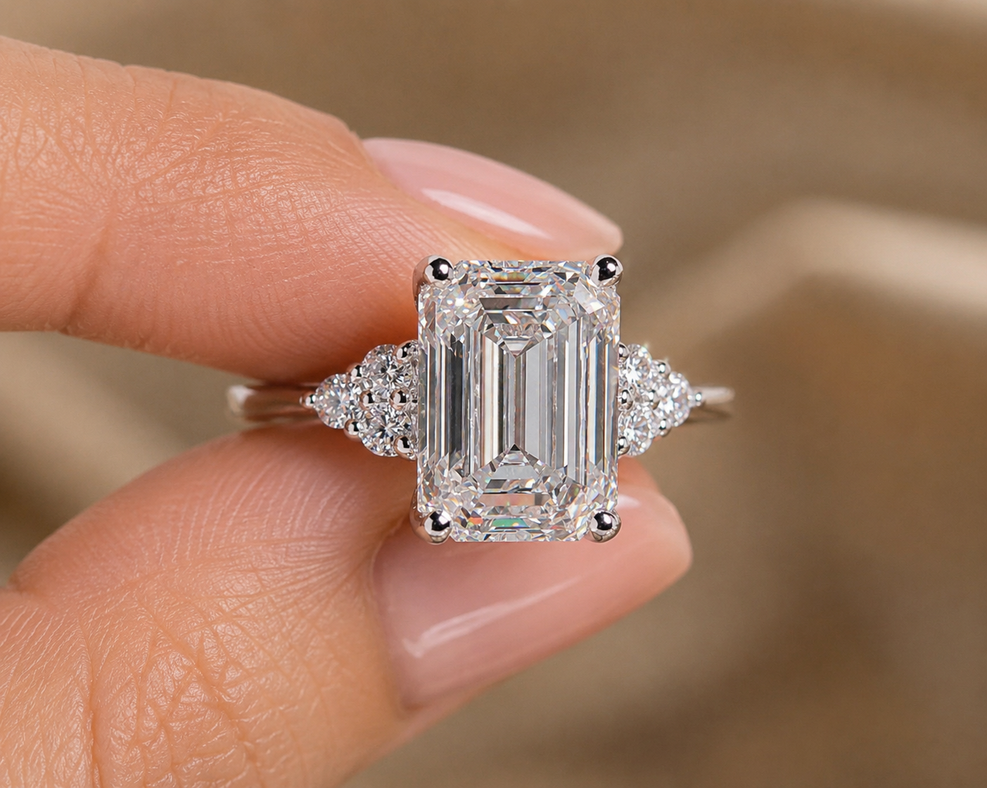 Lab Grown Diamond Emerald Cut Engagement Ring – 6×8 MM Emerald Cut Diamond – Solid 9K, 14K & 18K Gold – Three Stone Ring – Anniversary Gift
