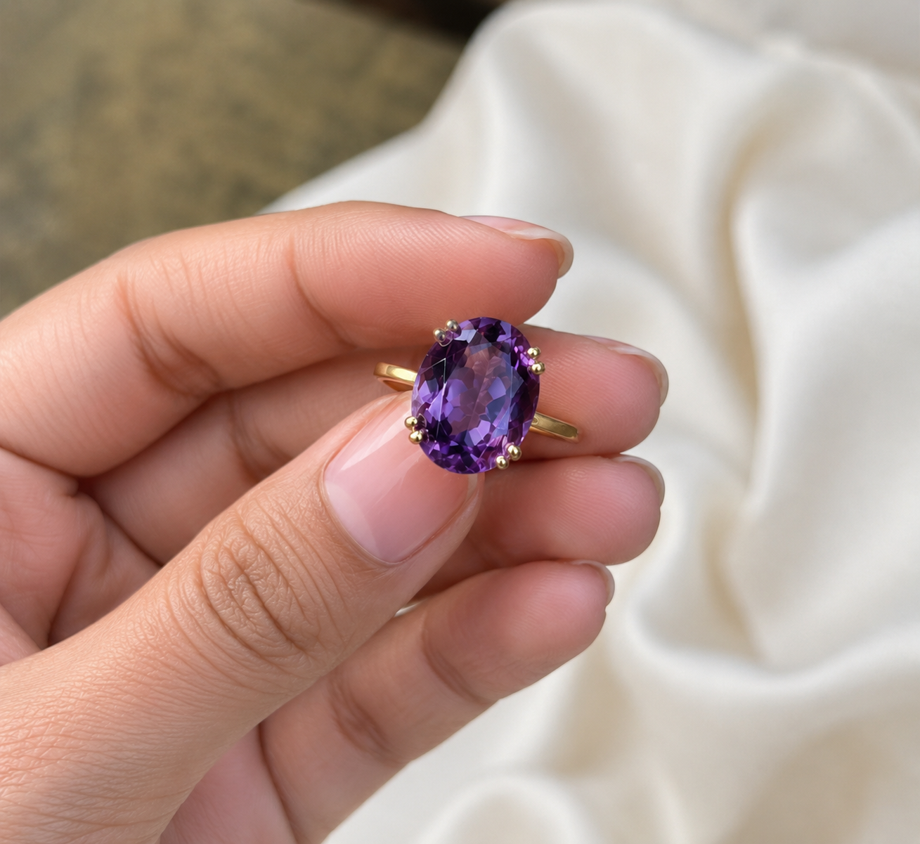 18K Yellow Gold Natural Brazilian Amethyst Ring | 9×11 mm Oval Faceted Amethyst | Loupe Clean Gemstone | Fine Gold Engagement & Statement Ring