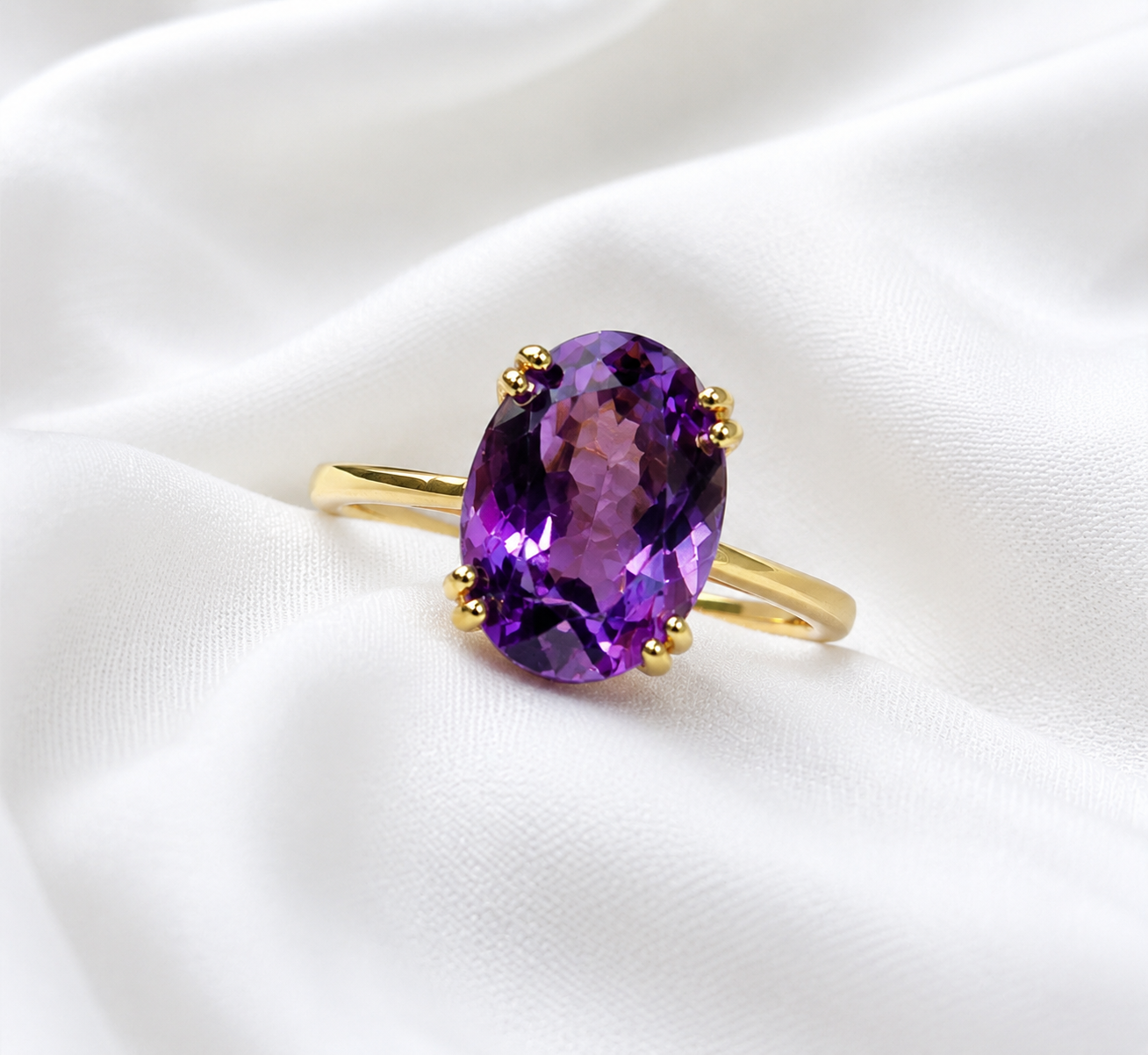 18K Yellow Gold Natural Brazilian Amethyst Ring | 9×11 mm Oval Faceted Amethyst | Loupe Clean Gemstone | Fine Gold Engagement & Statement Ring