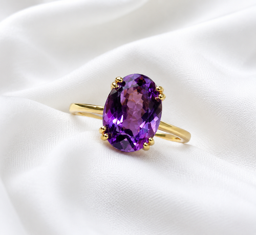 18K Yellow Gold Natural Brazilian Amethyst Ring | 9×11 mm Oval Faceted Amethyst | Loupe Clean Gemstone | Fine Gold Engagement & Statement Ring