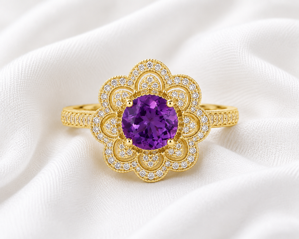 Natural Amethyst Floral Halo Ring in 18K Gold | 8 MM Round Amethyst | Moissanite Accent Ring | Fine Jewelry Gift