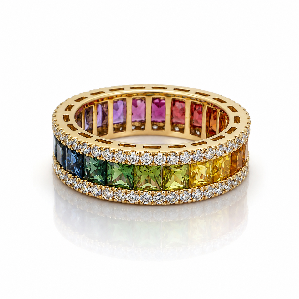 Rainbow Multi Sapphire Eternity Band Ring – Natural Gemstone & Diamond Ring in 9K, 14K & 18K Yellow Gold