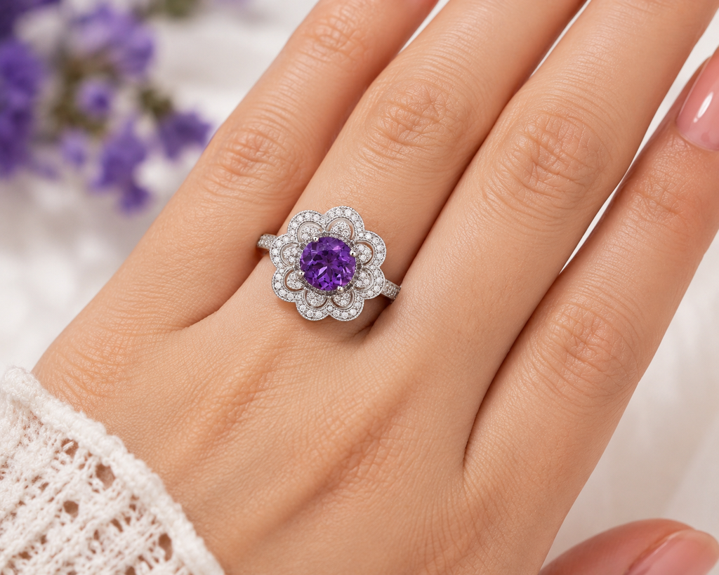 Natural Amethyst Floral Halo Ring in 18K Gold | 8 MM Round Amethyst | Moissanite Accent Ring | Fine Jewelry Gift