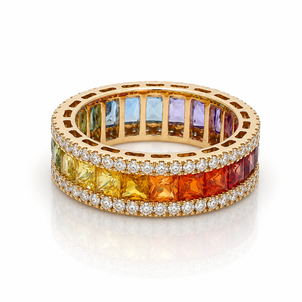 Rainbow Multi Sapphire Eternity Band Ring – Natural Gemstone & Diamond Ring in 9K, 14K & 18K Yellow Gold