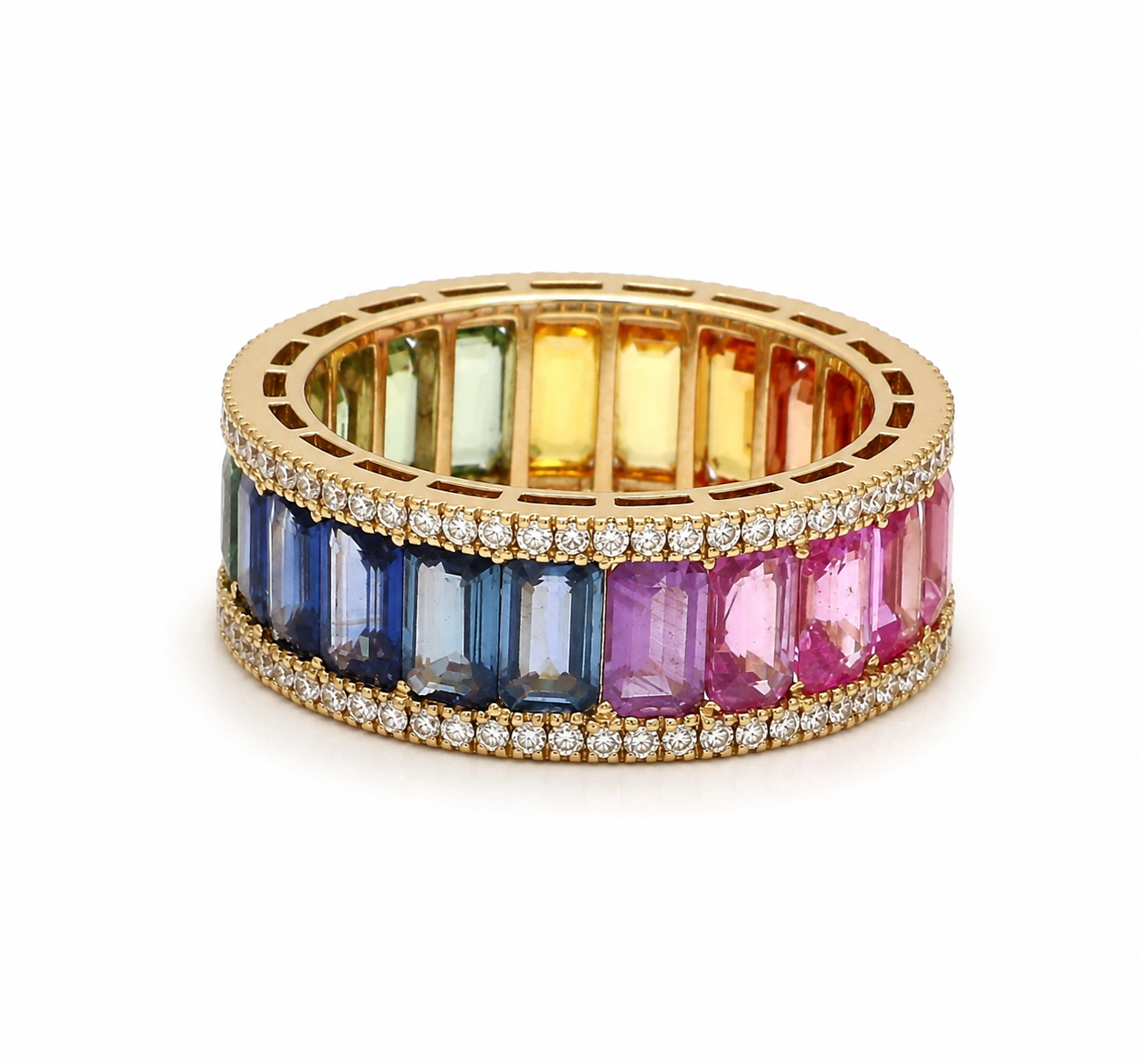 Rainbow Multi Sapphire Eternity Band Ring – Natural Gemstone & Diamond Ring in 9K, 14K & 18K Yellow Gold