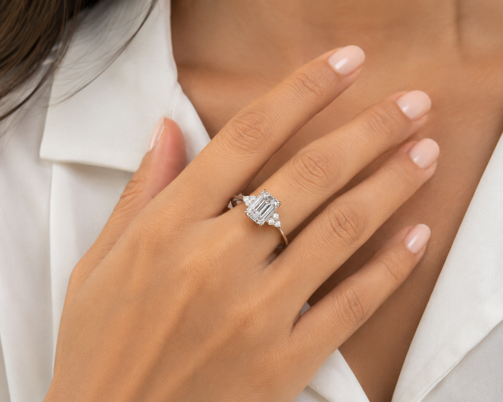 Lab Grown Diamond Emerald Cut Engagement Ring – 6×8 MM Emerald Cut Diamond – Solid 9K, 14K & 18K Gold – Three Stone Ring – Anniversary Gift