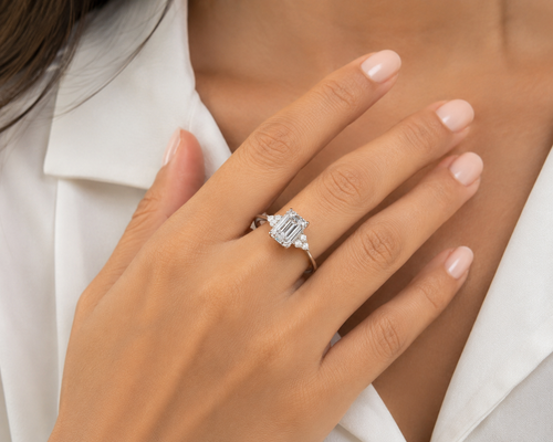 Lab Grown Diamond Emerald Cut Engagement Ring – 6×8 MM Emerald Cut Diamond – Solid 9K, 14K & 18K Gold – Three Stone Ring – Anniversary Gift