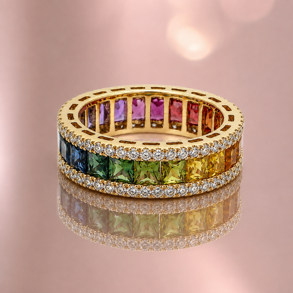 Rainbow Multi Sapphire Eternity Band Ring – Natural Gemstone & Diamond Ring in 9K, 14K & 18K Yellow Gold
