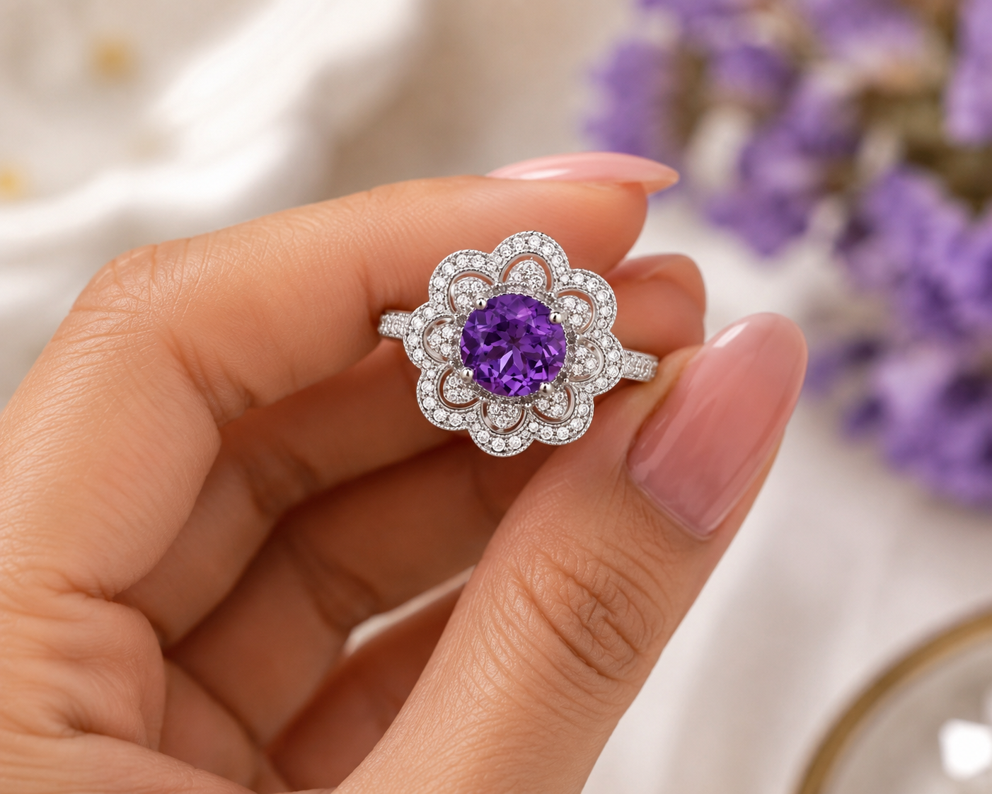 Natural Amethyst Floral Halo Ring in 18K Gold | 8 MM Round Amethyst | Moissanite Accent Ring | Fine Jewelry Gift