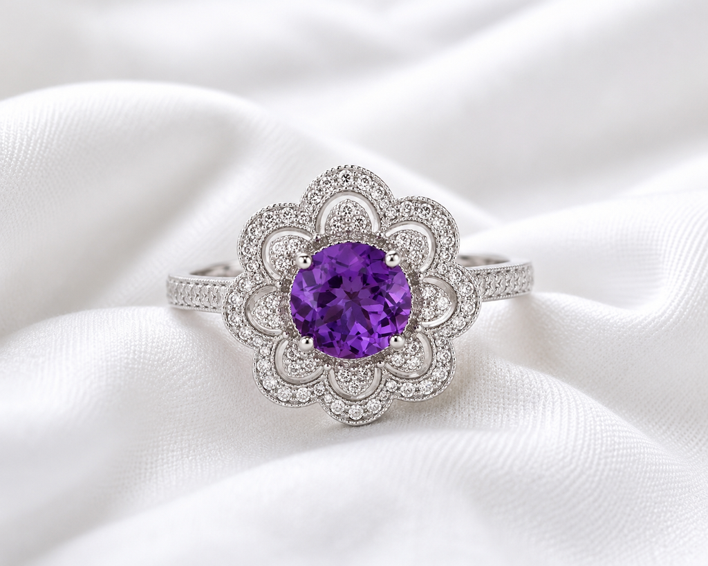 Natural Amethyst Floral Halo Ring in 18K Gold | 8 MM Round Amethyst | Moissanite Accent Ring | Fine Jewelry Gift