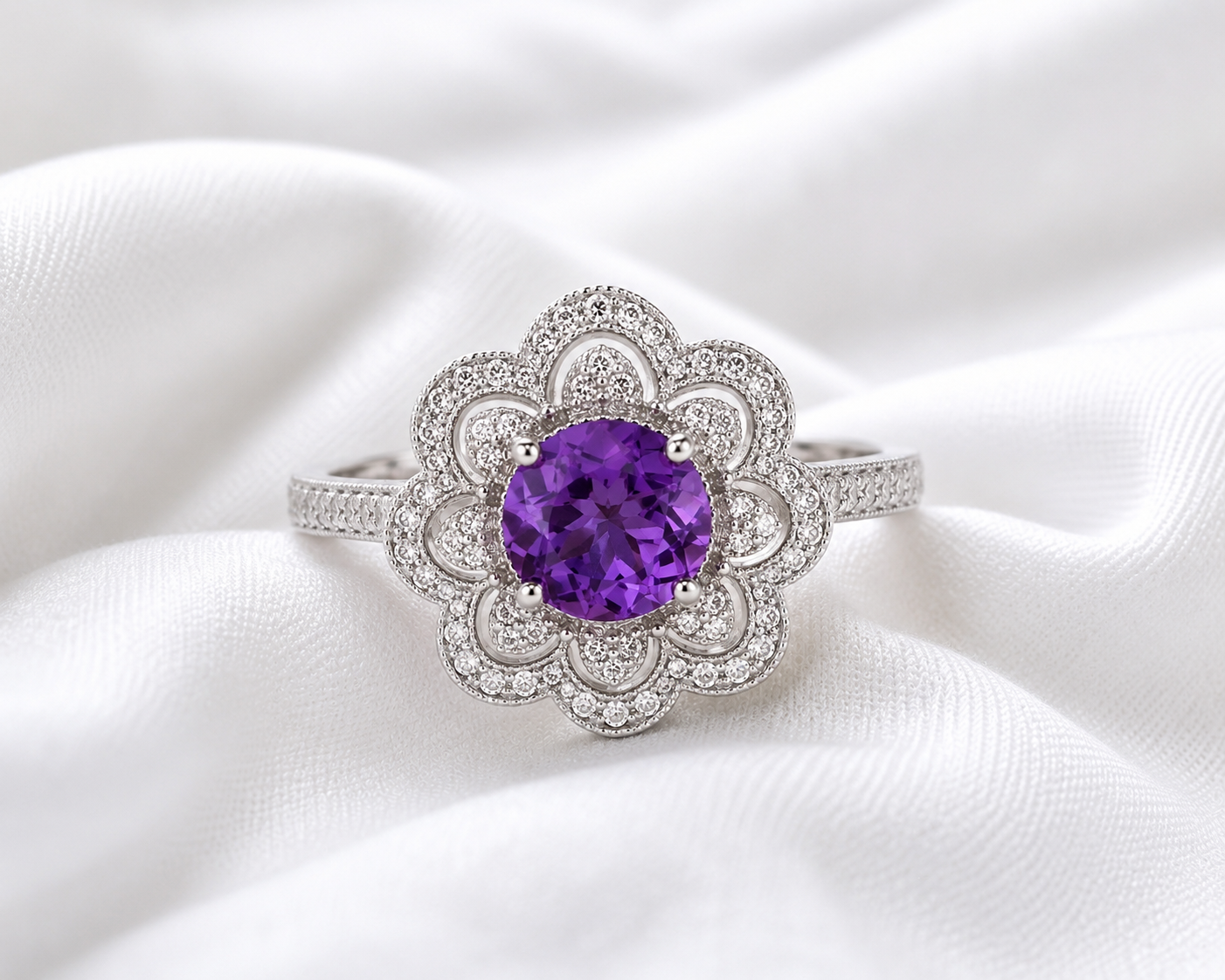 Natural Amethyst Floral Halo Ring in 18K Gold | 8 MM Round Amethyst | Moissanite Accent Ring | Fine Jewelry Gift