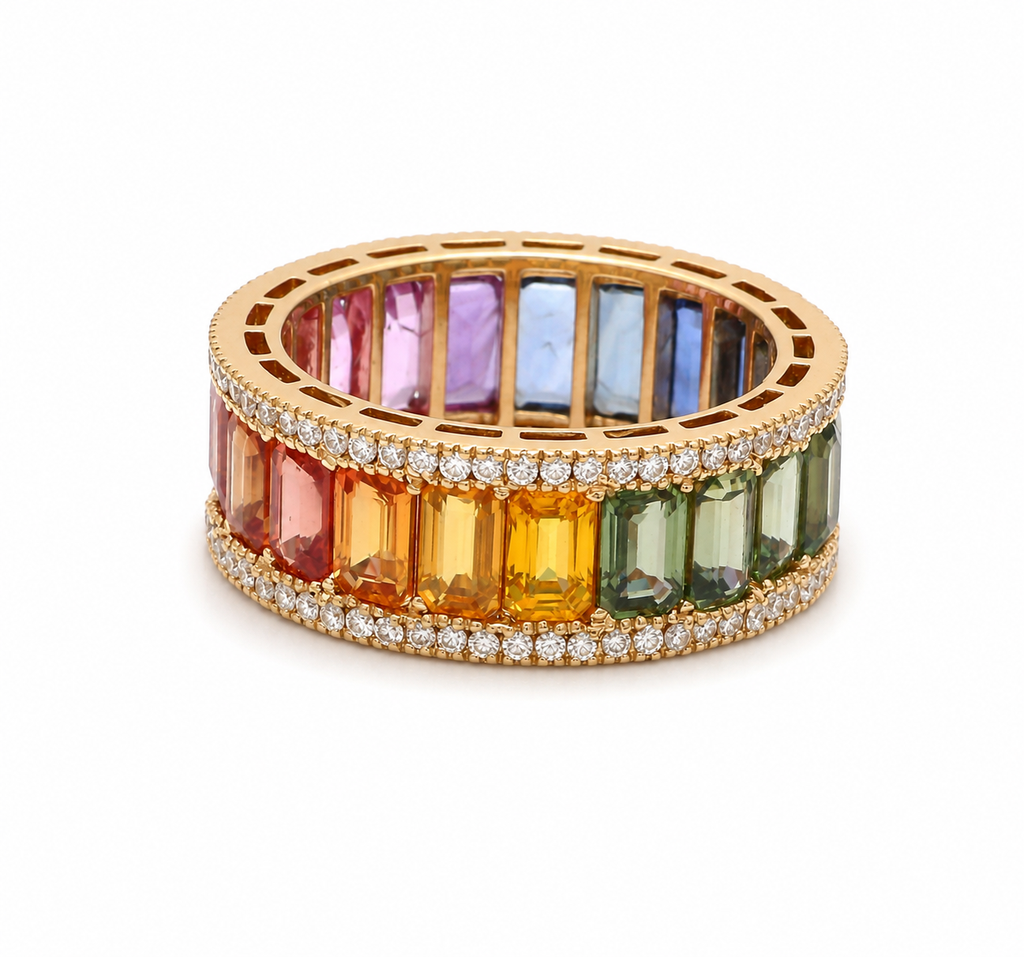 Rainbow Multi Sapphire Eternity Band Ring – Natural Gemstone & Diamond Ring in 9K, 14K & 18K Yellow Gold