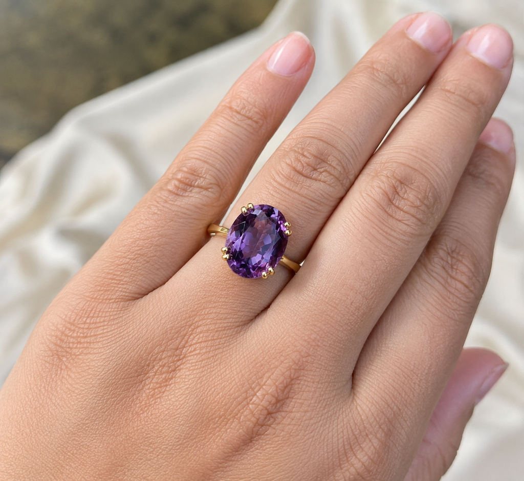 18K Yellow Gold Natural Brazilian Amethyst Ring | 9×11 mm Oval Faceted Amethyst | Loupe Clean Gemstone | Fine Gold Engagement & Statement Ring