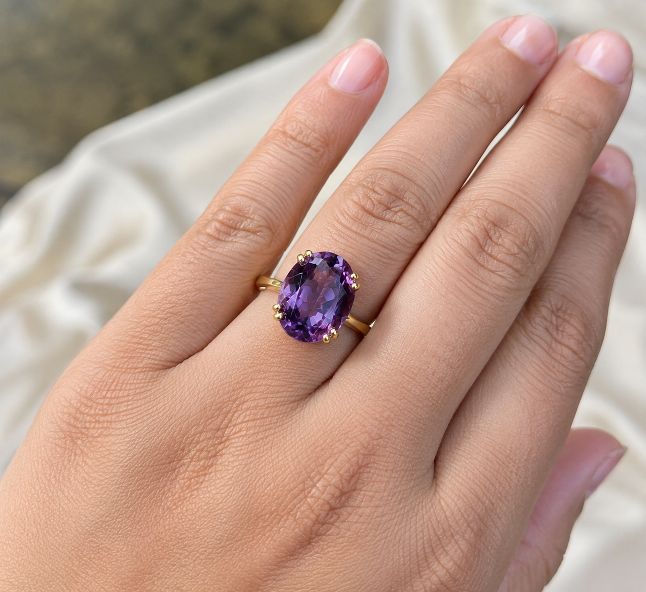 18K Yellow Gold Natural Brazilian Amethyst Ring | 9×11 mm Oval Faceted Amethyst | Loupe Clean Gemstone | Fine Gold Engagement & Statement Ring