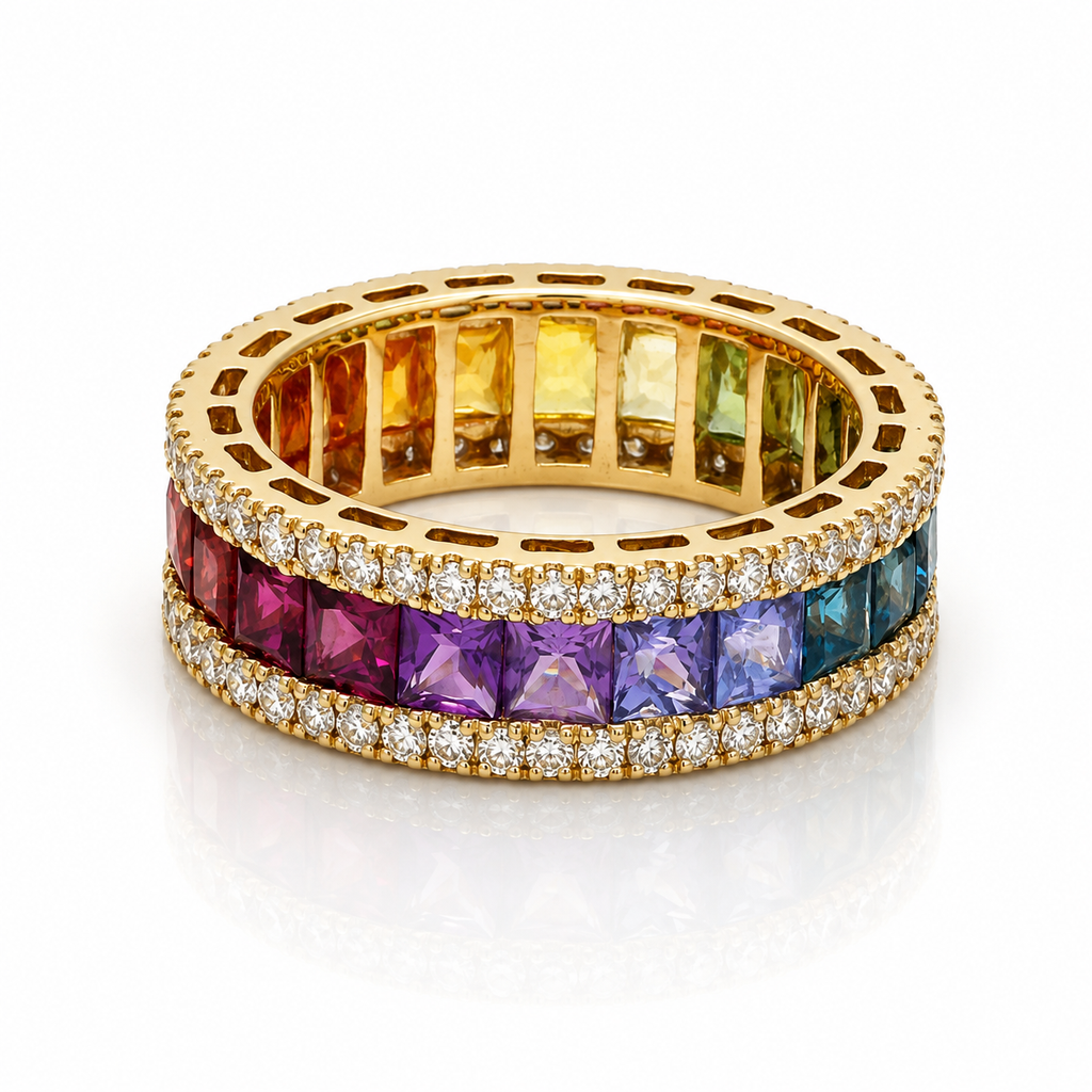 Rainbow Multi Sapphire Eternity Band Ring – Natural Gemstone & Diamond Ring in 9K, 14K & 18K Yellow Gold