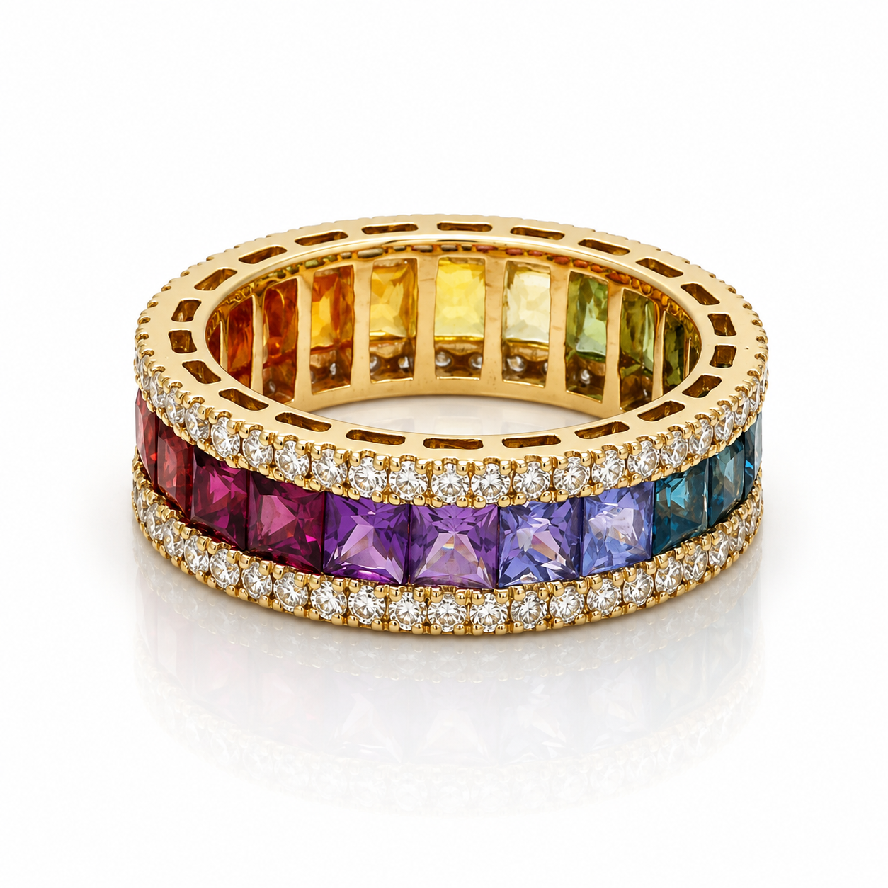 Rainbow Multi Sapphire Eternity Band Ring – Natural Gemstone & Diamond Ring in 9K, 14K & 18K Yellow Gold