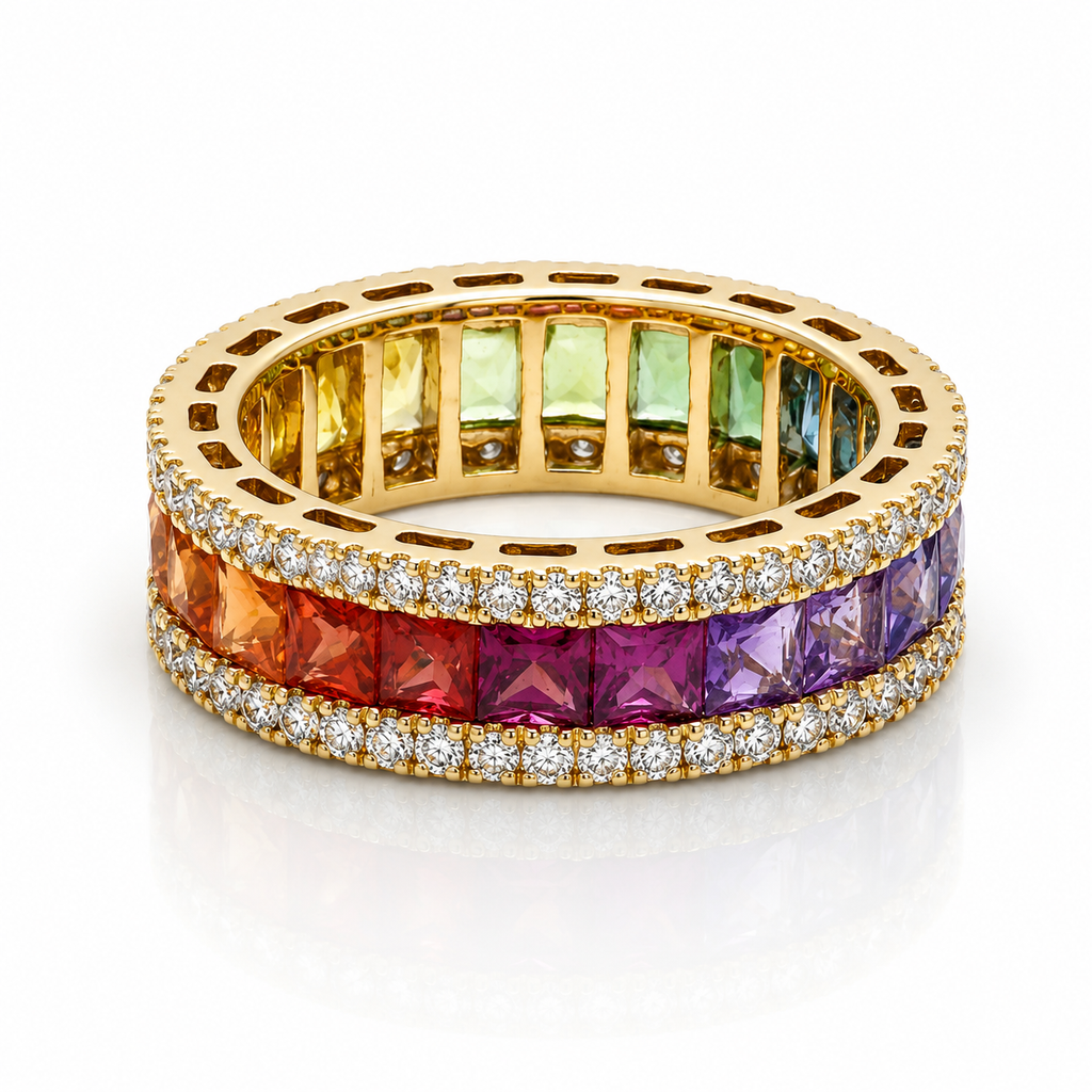 Rainbow Multi Sapphire Eternity Band Ring – Natural Gemstone & Diamond Ring in 9K, 14K & 18K Yellow Gold
