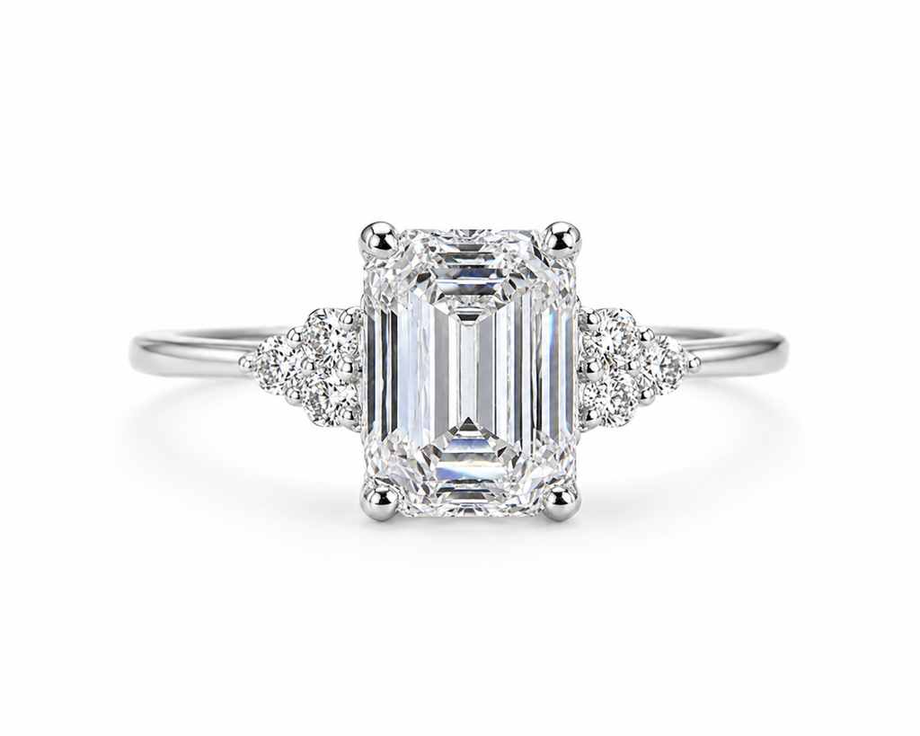 Lab Grown Diamond Emerald Cut Engagement Ring – 6×8 MM Emerald Cut Diamond – Solid 9K, 14K & 18K Gold – Three Stone Ring – Anniversary Gift